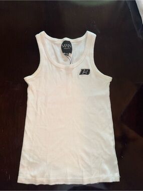 BoohooMAN White Ribbed Tank Top with Logo Tag - M